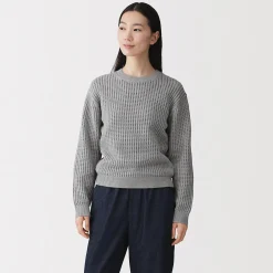 Online Muji Jersey de cuello redondo de malla de punto de mezcla de algodón para mujer
