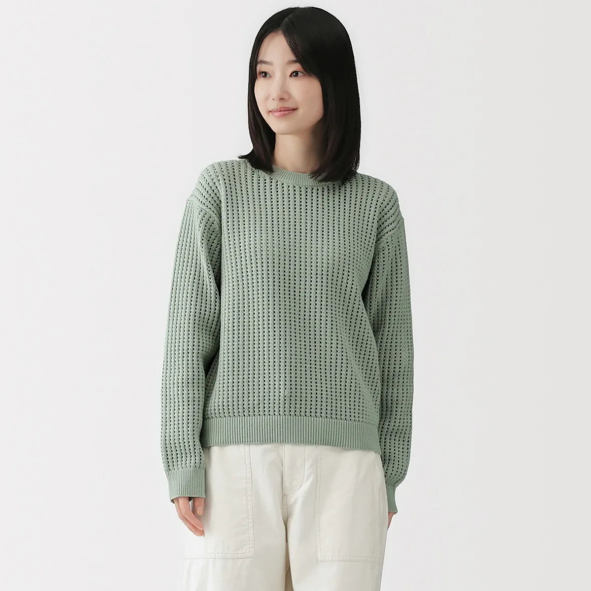 Online Muji Jersey de cuello redondo de malla de punto de mezcla de algodón para mujer