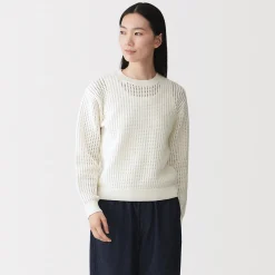 Online Muji Jersey de cuello redondo de malla de punto de mezcla de algodón para mujer