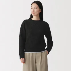 Online Muji Jersey de cuello redondo de malla de punto de mezcla de algodón para mujer