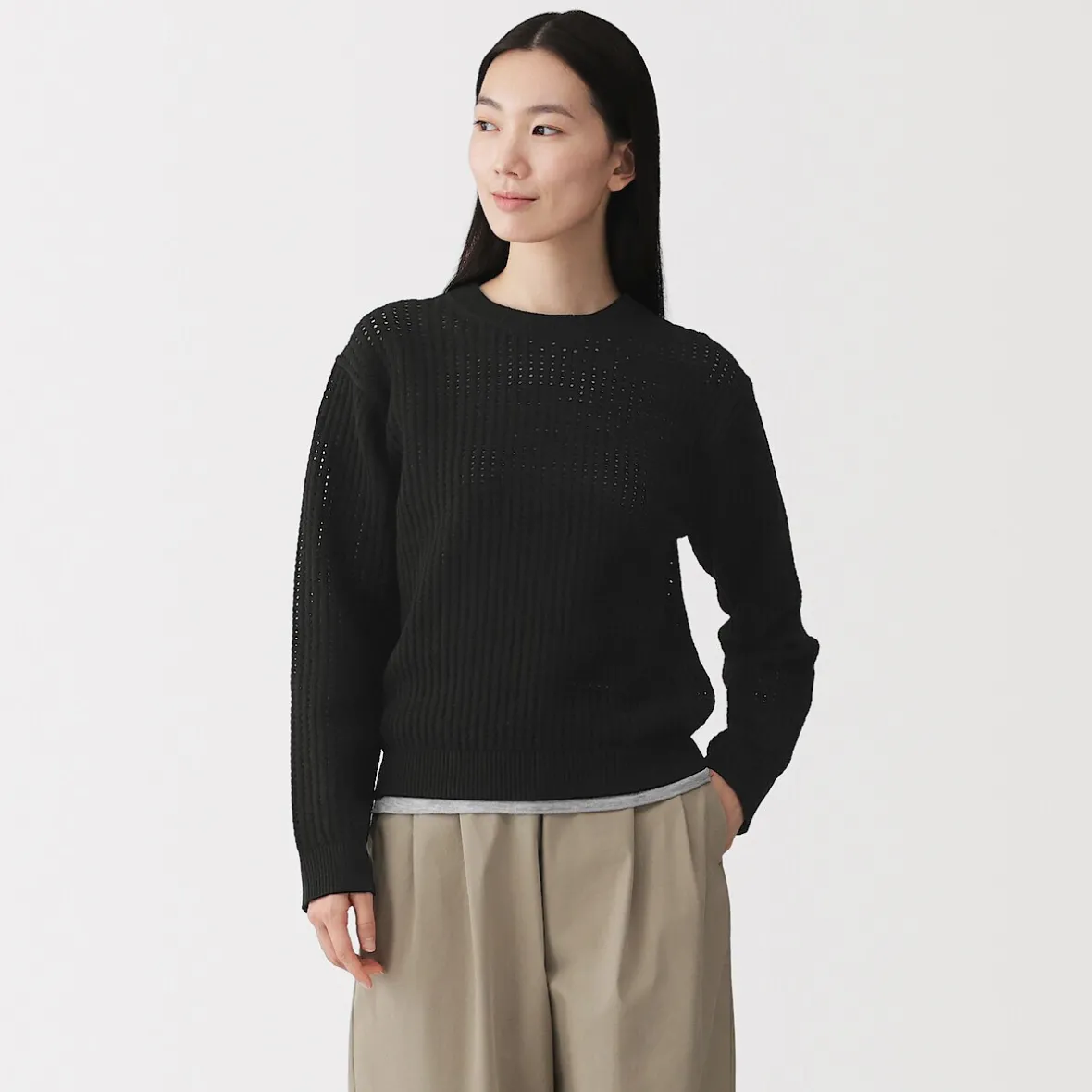Online Muji Jersey de cuello redondo de malla de punto de mezcla de algodón para mujer