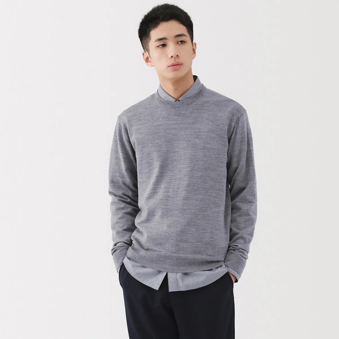 Hot Muji Jersey de lana de punto fino con cuello redondo para hombre