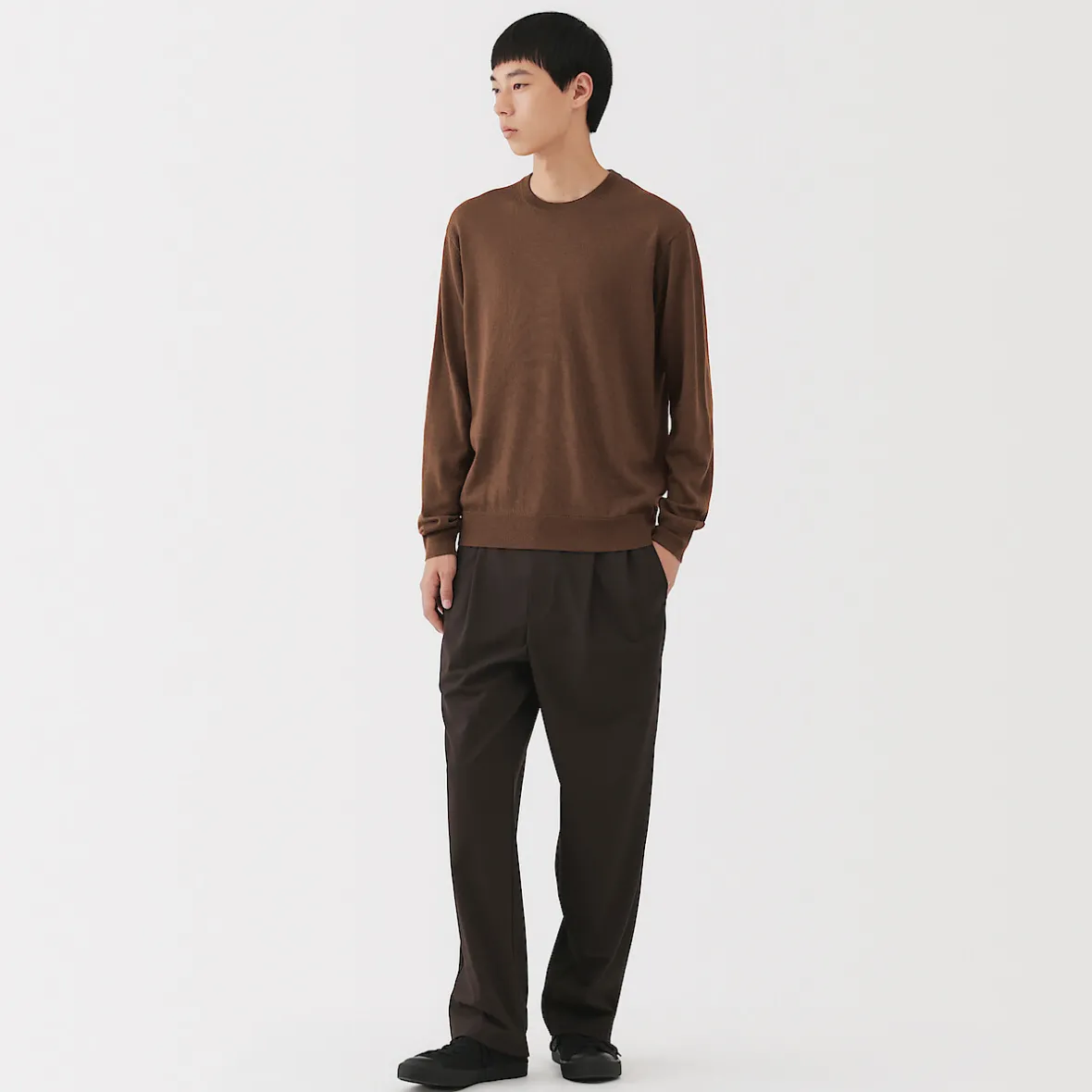 Hot Muji Jersey de lana de punto fino con cuello redondo para hombre