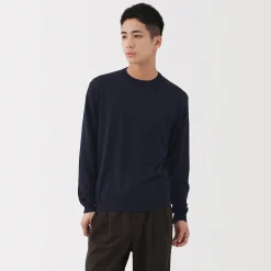 Hot Muji Jersey de lana de punto fino con cuello redondo para hombre