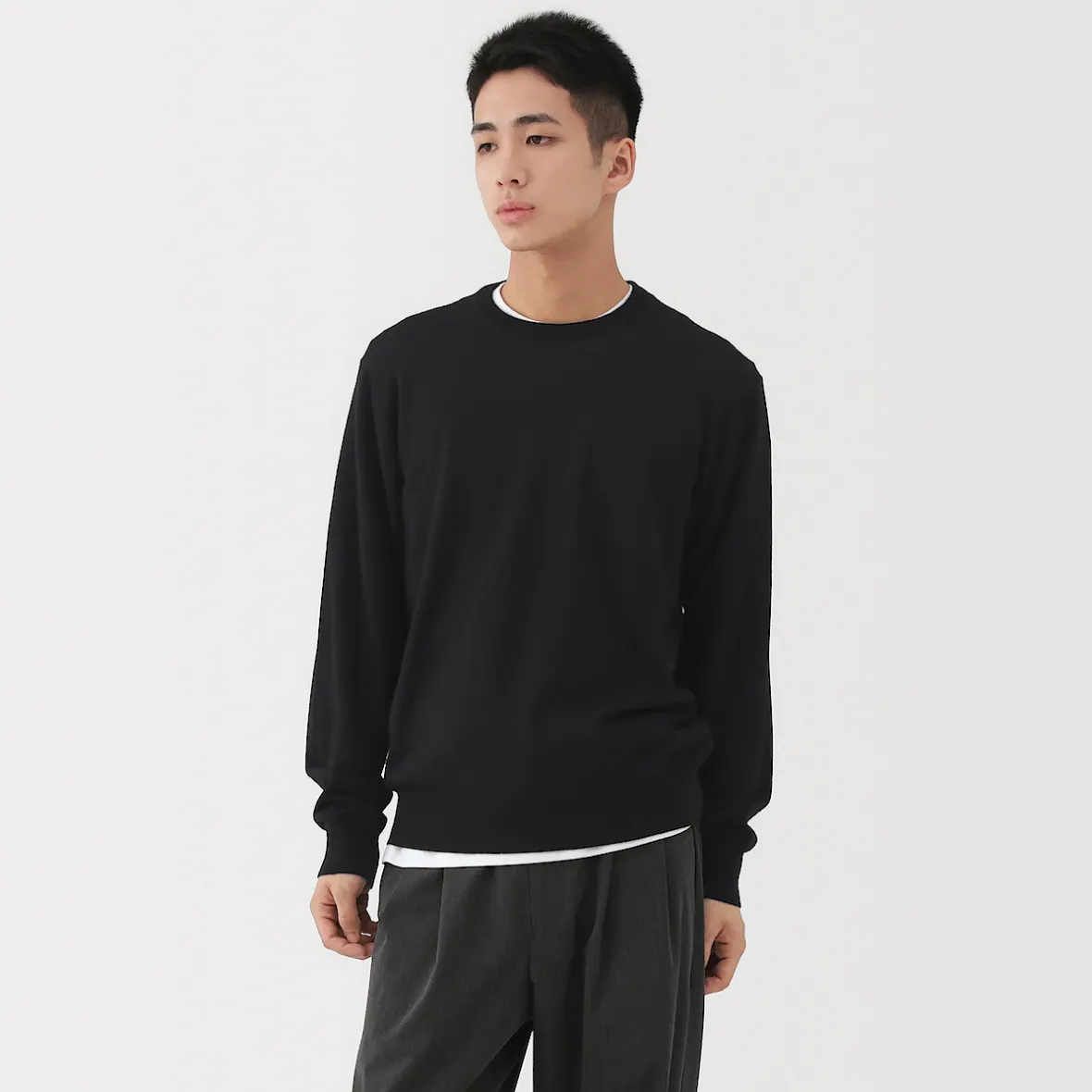 Hot Muji Jersey de lana de punto fino con cuello redondo para hombre
