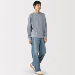 New Muji Jersey de punto con cuello redondo y tejido waffle en mezcla de algodón para hombre