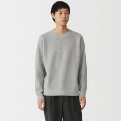 New Muji Jersey de punto con cuello redondo y tejido waffle en mezcla de algodón para hombre