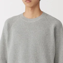 New Muji Jersey de punto con cuello redondo y tejido waffle en mezcla de algodón para hombre