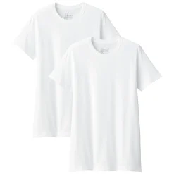 Muji Pack de 2 camisetas de algodón con cuello redondo sin costuras laterales para hombre