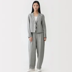Sale Muji Pantalones plisados con patrón de espina de pez de mezcla de lino para mujer Gris
