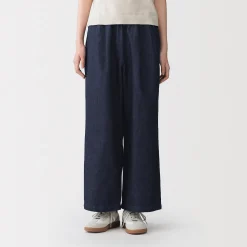 Sale Muji Pantalones vaqueros de pierna ancha y mezcla de lino para mujer Azul Marino Oscuro
