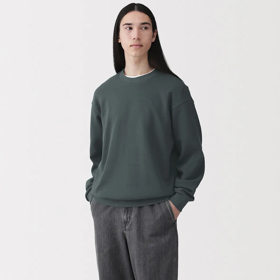 Best Muji Sudadera con cuello redondo y doble punto para hombre
