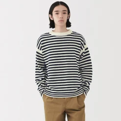 New Muji Suéter de lana andina de punto grueso con cuello redondo para hombre