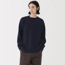 New Muji Suéter de lana andina de punto grueso con cuello redondo para hombre