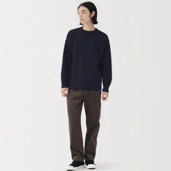 New Muji Suéter de lana andina de punto grueso con cuello redondo para hombre