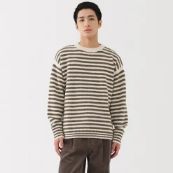 New Muji Suéter de lana andina de punto grueso con cuello redondo para hombre