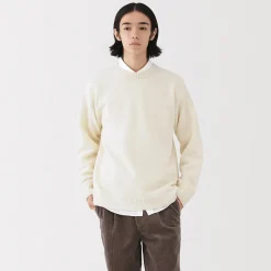 New Muji Suéter de lana andina de punto grueso con cuello redondo para hombre