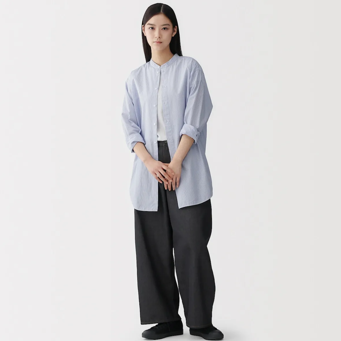 Hot Muji Túnica con cuello mao de popelín de algodón orgánico para mujer