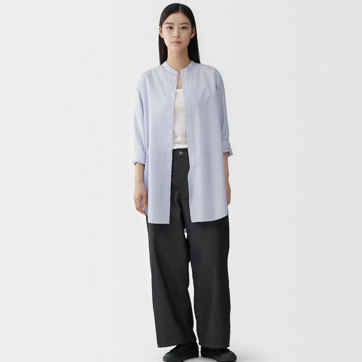 Hot Muji Túnica con cuello mao de popelín de algodón orgánico para mujer