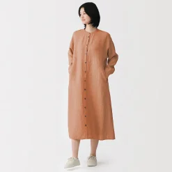 Clearance Muji Vestido camisero de cuello alto de lino lavado para mujer