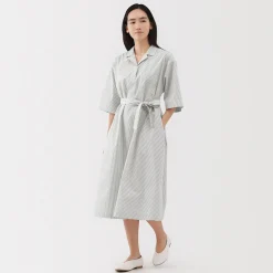 Muji Vestido camisero de manga 3/4 y algodón Quick Dry para mujer