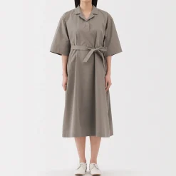 Muji Vestido camisero de manga 3/4 y algodón Quick Dry para mujer