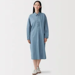 Hot Muji Vestido camisero ligero de tejido vaquero y mezcla de kapok para mujer