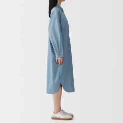 Hot Muji Vestido camisero ligero de tejido vaquero y mezcla de kapok para mujer
